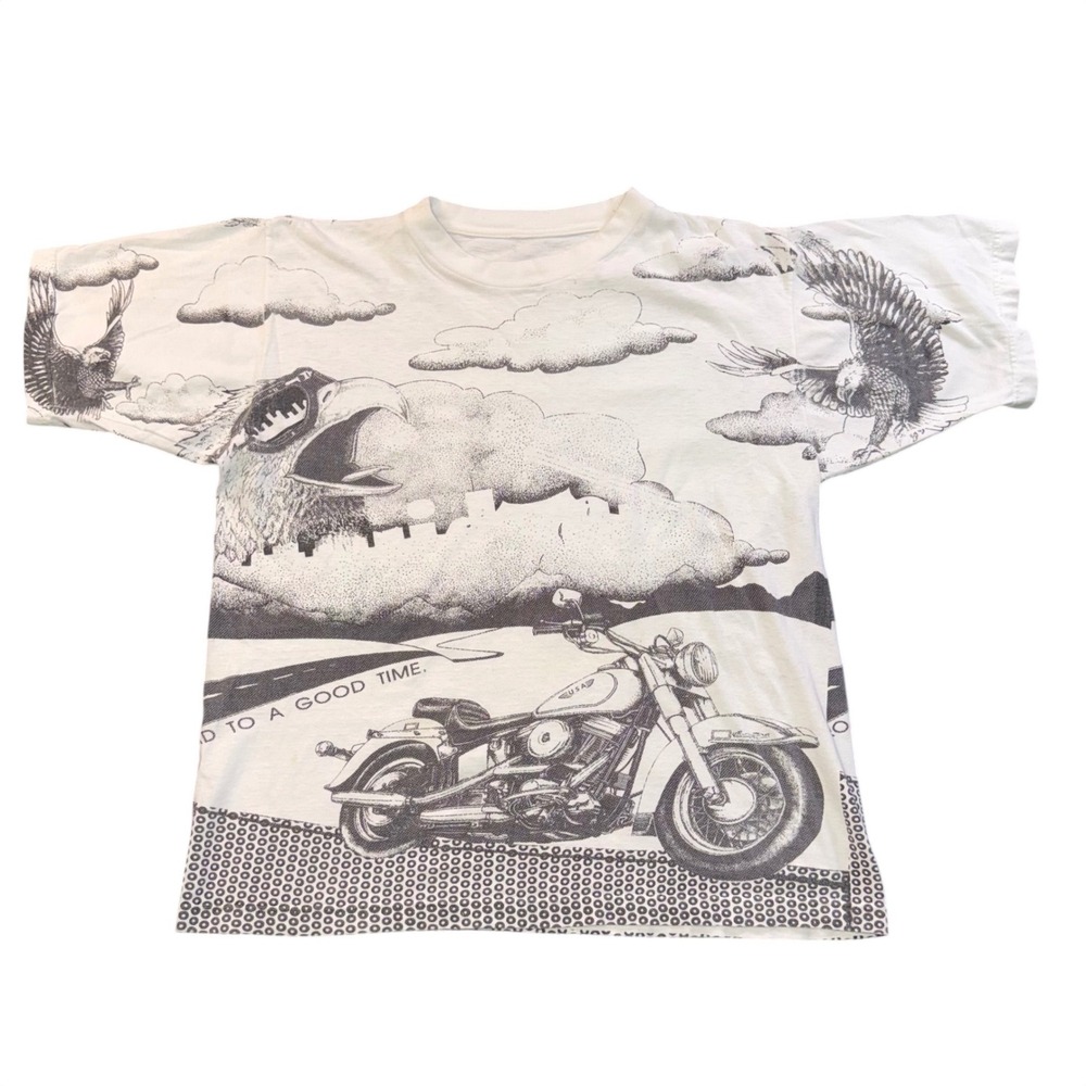 Vintage 90s All Over Print Eagle Motorcycle T-Shirt Single Stitch White 22x26 - Picture 3 of 8